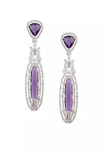 rhodium plated purple stone zircon studded dangler earrings