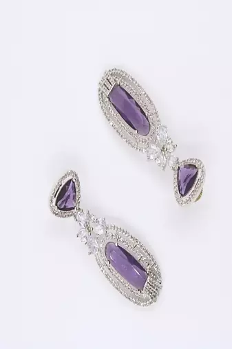 rhodium plated purple stone zircon studded dangler earrings