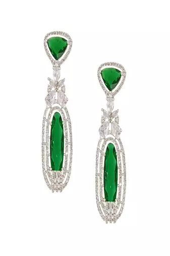Green rhodium plated green stone zircon studded dangler earrings
