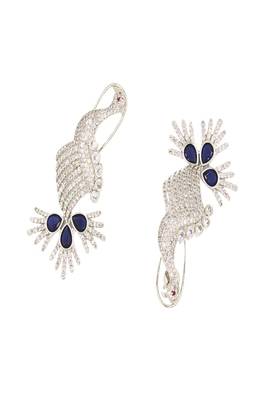 Blue rhodium-plated peacock design with zircon & blue synthetic stones dangler earrings 2