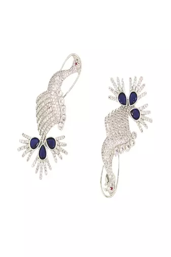 Blue rhodium-plated peacock design with zircon & blue synthetic stones dangler earrings