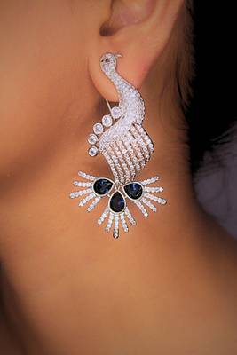 Blue rhodium-plated peacock design with zircon & blue synthetic stones dangler earrings 1