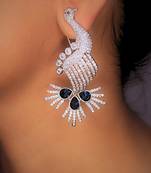 Blue rhodium-plated peacock design with zircon & blue synthetic stones dangler earrings