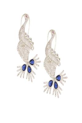 Blue rhodium-plated peacock design with zircon & blue synthetic stones dangler earrings 3