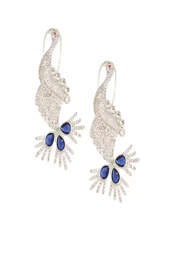 Blue rhodium-plated peacock design with zircon & blue synthetic stones dangler earrings