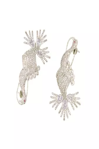 White rhodium-plated peacock design with zircon dangler earrings
