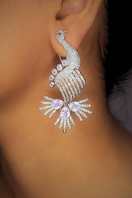 White rhodium-plated peacock design with zircon dangler earrings 1