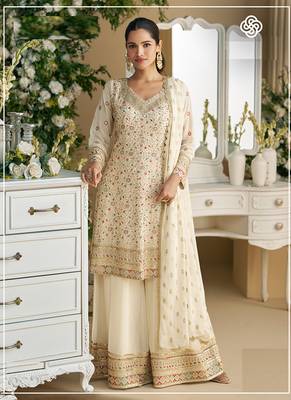 Cream embroidered faux georgette semi-stitched palazzo style salwar suit 1