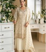 Cream embroidered faux georgette semi-stitched palazzo style salwar suit
