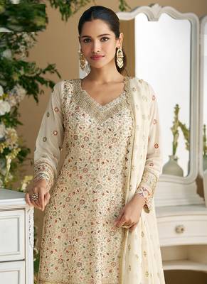 Cream embroidered faux georgette semi-stitched palazzo style salwar suit 2