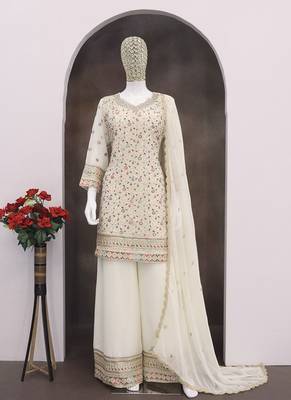Cream embroidered faux georgette semi-stitched palazzo style salwar suit 3