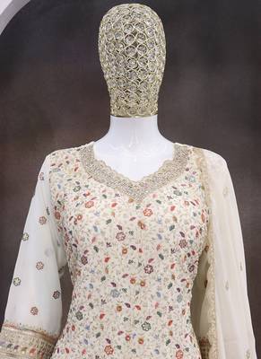 Cream embroidered faux georgette semi-stitched palazzo style salwar suit 4