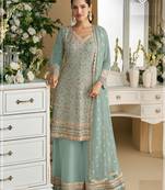Sky embroidered faux georgette semi-stitched palazzo style salwar suit