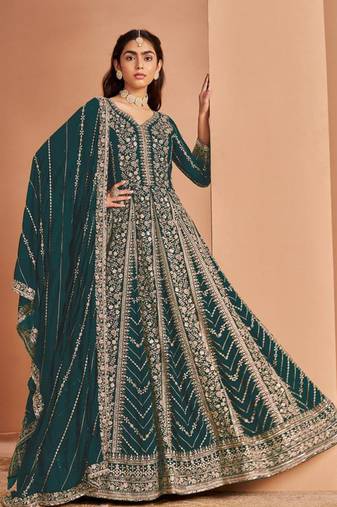 Morpich embroidered faux georgette semi-stitched anarkali suit