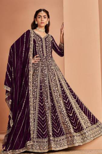 Wine embroidered faux georgette semi-stitched anarkali suit