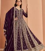 Wine embroidered faux georgette semi-stitched anarkali suit