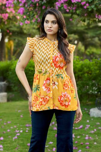 Mojilaa women's cream crepe blend floral peplum top