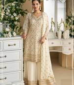 Cream embroidered faux georgette semi-palazzo style salwar suit