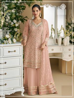 Peach embroidered faux georgette palazzo style salwar suit 1
