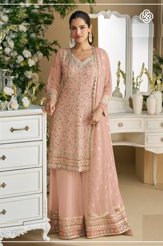 Peach embroidered faux georgette semi-palazzo style salwar suit