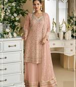 Peach embroidered faux georgette semi-palazzo style salwar suit