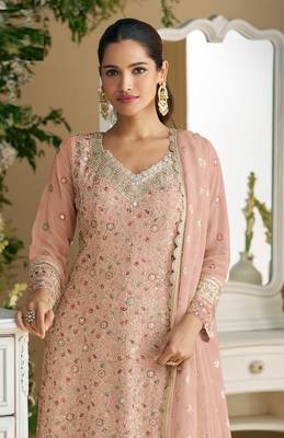 Peach embroidered faux georgette palazzo style salwar suit 2