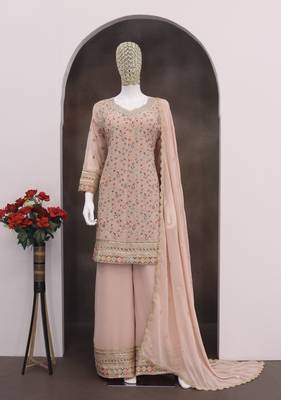 Peach embroidered faux georgette palazzo style salwar suit 3