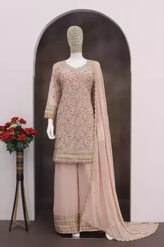 Peach embroidered faux georgette palazzo style salwar suit