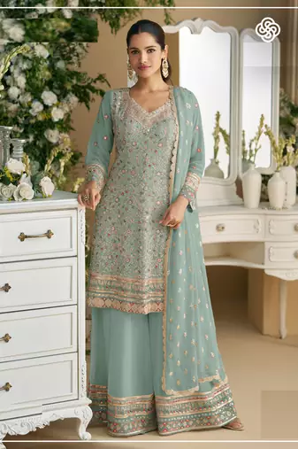 Sky embroidered faux georgette semi-palazzo style salwar suit