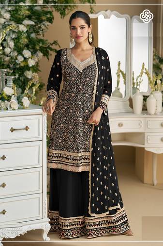 Black embroidered faux georgette semi-palazzo style salwar suit