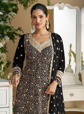 Black embroidered faux georgette palazzo style salwar suit 2