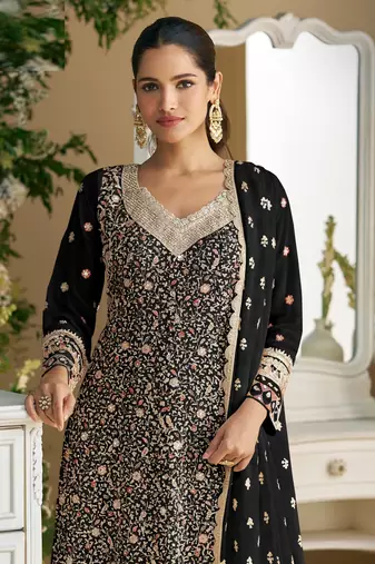 Black embroidered faux georgette palazzo style salwar suit