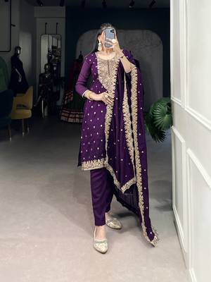Purple Vichitra Silk Salwar Suit with Sequins and Elegant Thread Embroidery Work 1