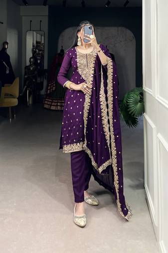 Purple Vichitra Silk Salwar Suit with Sequins and Elegant Thread Embroidery Work