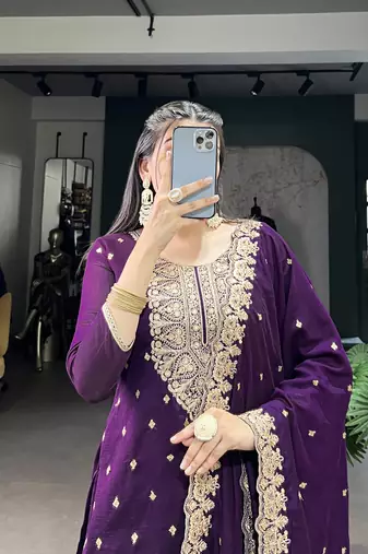 Purple Vichitra Silk Salwar Suit with Sequins and Elegant Thread Embroidery Work
