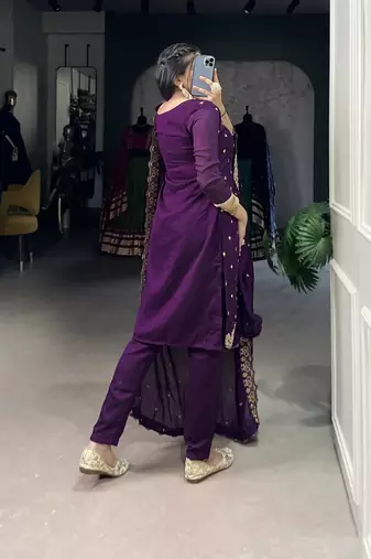 Purple Vichitra Silk Salwar Suit with Sequins and Elegant Thread Embroidery Work