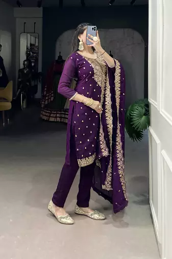 Purple Vichitra Silk Salwar Suit with Sequins and Elegant Thread Embroidery Work