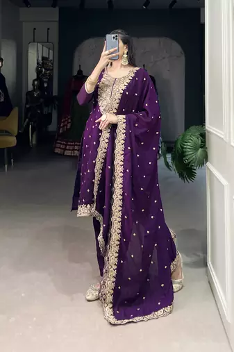 Purple Vichitra Silk Salwar Suit with Sequins and Elegant Thread Embroidery Work