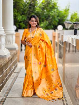 Yellow soft Silk Blend saree with zari weaving meenakari design 1