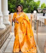 Yellow soft Silk Blend saree with zari weaving meenakari design