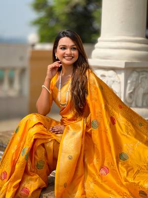 Yellow soft Silk Blend saree with zari weaving meenakari design 2