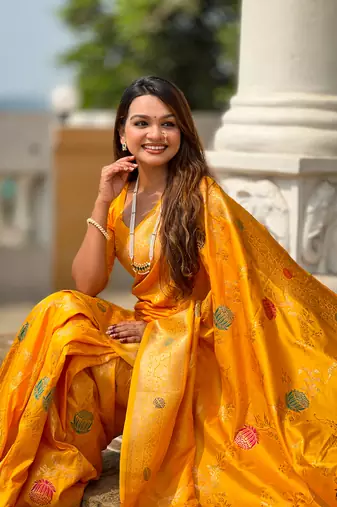 Yellow soft Silk Blend saree with zari weaving meenakari design