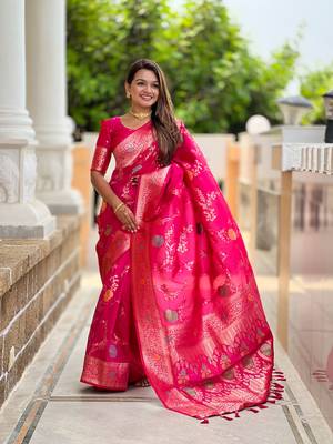 Rani pink soft Silk Blend saree with zari weaving meenakari design 1