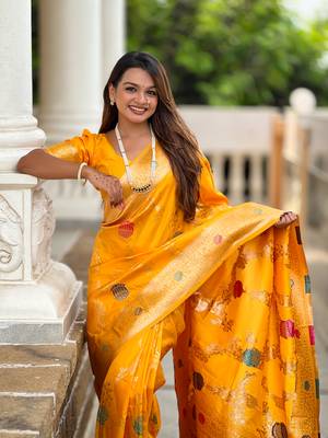 Yellow soft Silk Blend saree with zari weaving meenakari design 3