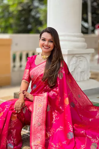 Rani pink soft Silk Blend saree with zari weaving meenakari design