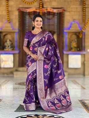 Wine soft Silk Blend saree with zari weaving meenakari design 3