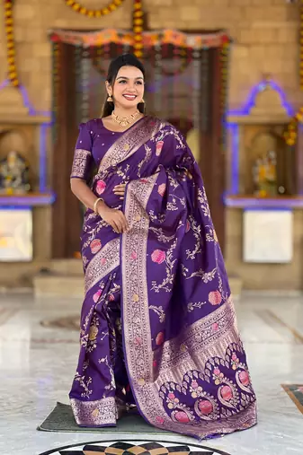 Wine soft Silk Blend saree with zari weaving meenakari design