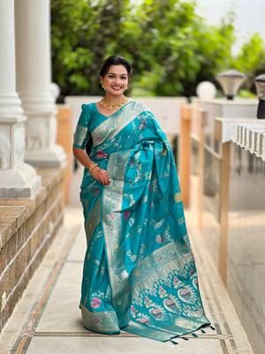 Sea green soft Silk Blend saree with zari weaving meenakari design 1
