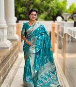 Sea green soft Silk Blend saree with zari weaving meenakari design