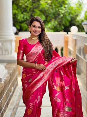 Rani pink soft Silk Blend saree with zari weaving meenakari design 3